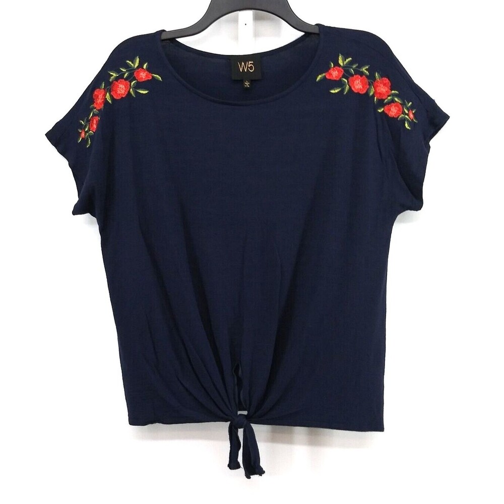 W5 Shirt Womens Size Large Blue Cap Sleeve Round Neck Tie Knot Pullover Top